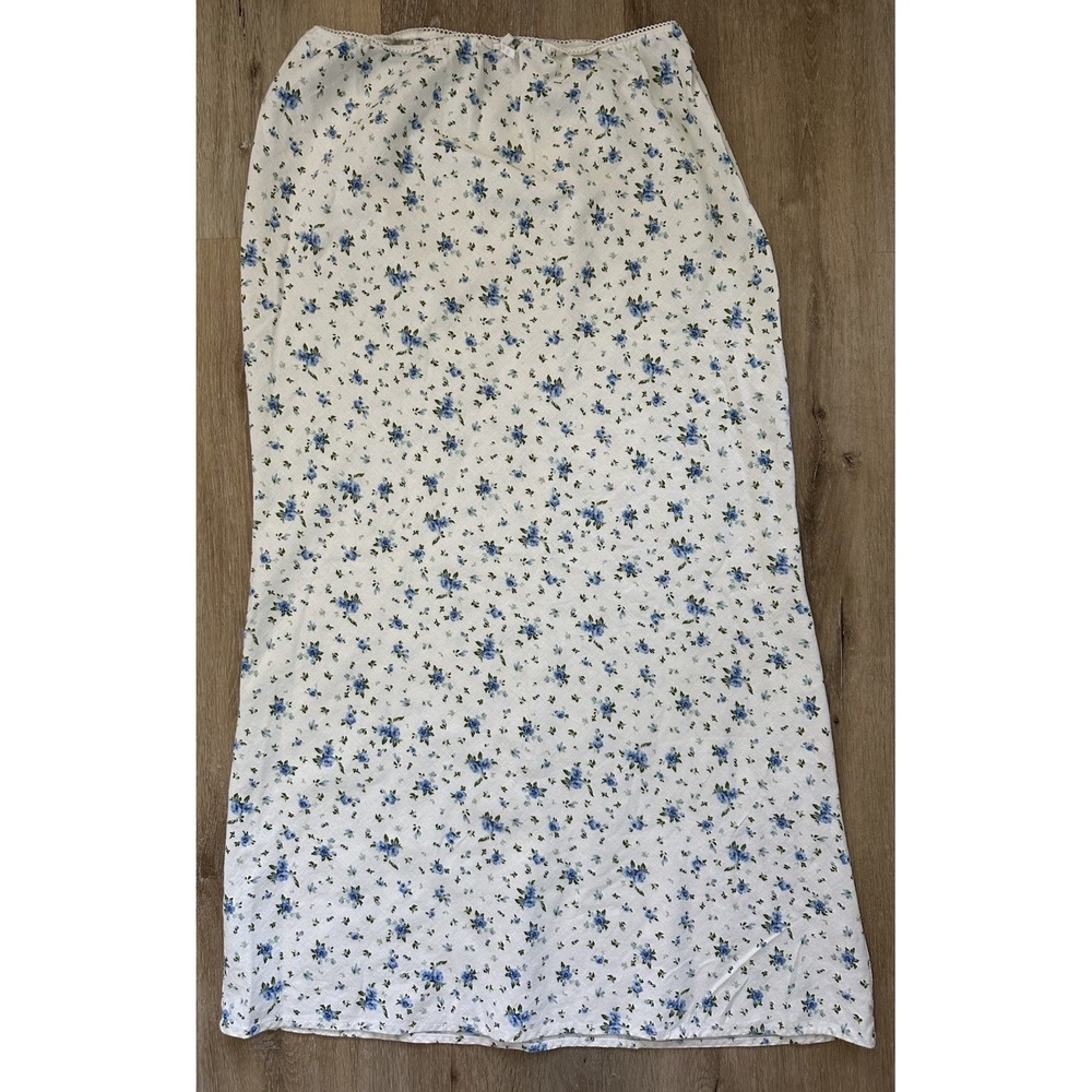 Blue Floral Midi Slip Skirt Cottagecore Coquette Lace Trim Women's